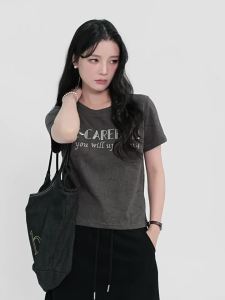 Áo Thun Tay Ngắn Đính Chữ Thêu Dáng Suông Dài Mùa Hè