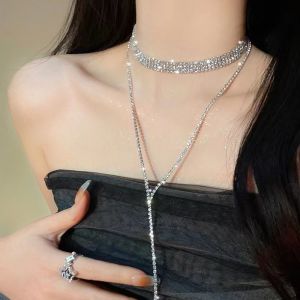 Korean Fashion Y Shape Tassel Necklace Elegant Design Zircon Neck Lace Choker Accessories Jewelry for Women Girls