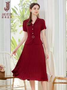 Elegant Red Suit Dress Womens Fashionable Patchwork Chiffon Pleated Skirt Design Spring Summer Short Sleeve Natural Waist