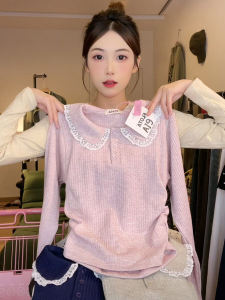 French Style Sweet Lace Patchwork Doll Collar T-shirt Female Korean Style Button Vertical Pit Pattern Long Sleeves Short Knitwear