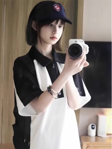 Loose Cotton Polo Shirt Short Sleeve Womens T-shirt Summer Fashion High School Student Casual Top Creative Print Splice Design