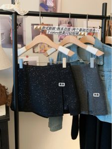 Fall Winter Thickened Woolen A-Line Mini Skirt High Waist Zipper Side Slit Sequin Womens Skirts Korean Style Short Skirts