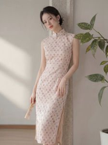 Retro Diamond Pattern Sleeveless Cheongsam Dress Elegant Breathable