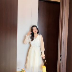 Tianshun Lace Mesh Spliced Midi Dress & Mode Wanita Elegan