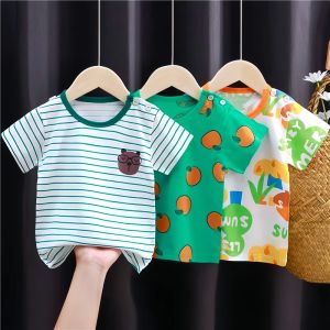 Summer Cartoon T-shirt for Kids 2025 Animal Printing Dinosaur Cat Design Boys Girls Striped Tops Tees Baby Clothes