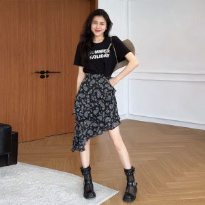 plus Size Floral Print Split Hem A-Line Dress Womens Summer Knot Waist Slimming Asymmetrical Korean Style High Waist Skirt