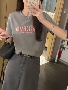 Summer Slim Fit Cotton T-Shirt Embroidered round Neck Short Sleeve Casual Versatile Womens Fashion Top Korean Style Tee