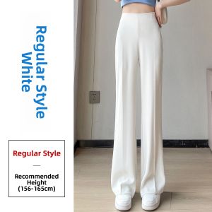 Discount Ice Silk Chiffon Wide Leg Suit Pants Women Summer Floor Length Trousers Side Zipper White Flared Pants Korean Style
