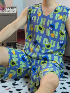 Bộ Đồ Ngủ Mùa Hè Mỏng Bằng Lụa Cotton Không Tay Quần Short Họa Tiết Hoạt Hình Cho Nam Bộ Đồ Ngủ Bằng Lụa Cotton Mát Mẻ