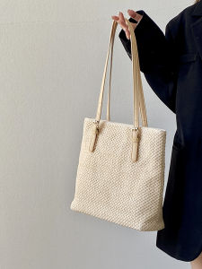 Large Capacity Straw Woven Summer Tote Bag Womens Handbag Vacation Casual Carryall Shoulder Bag Korean Style Belt Decoration