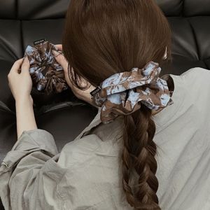 Amber Glow Large Floral Hair Ties Blue Coffee Pattern Bun Headbands Fashionable Hair Accessories Handcrafted round Fabric Hair Bands