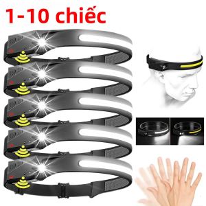 Đèn Pha Cảm Biến LED Có Thể Sạc Lại Qua USB 1-10 Chiếc Đèn Pin Đội Đầu Có Pin Tích Hợp Đèn Pin Chống Nước Để Cắm Trại Câu Cá Đèn Tìm Kiếm 5 Chế Độ