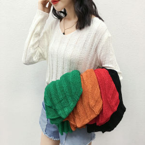 เสื้อถักคอวีแขนยาวบางสำหรับผู้หญิง ทรงหลวม สไตล์หวานๆ สีพื้น เสื้อชั้นในปรับอากาศ เส้นใยโพลีเอสเตอร์ ทรงตรง