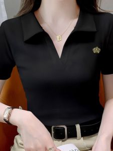 LINGLONGDAI | Áo thun cổ chữ V màu đen tay ngắn mùa hè cho nữ dáng ôm vừa vặn thoải mái thoáng khí vải cotton pha lanh áo thun thường ngày