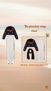 One Set Korean Style 3in1 | Sweater Crop Top Wanita dengan Rok Cargo dan Jilbab Paris | - KA034