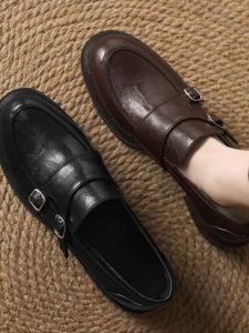 New 2025 Womens British Style Brown Loafers Fashion Single Shoes Thick Heel Retro Size 41 to 43 Comfortable Leather Shoes
