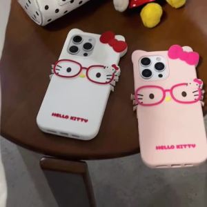 Sanrio | Korean Style Glasses Hello Kitty Phone Case For iPhone 17 16 15 14 13 12 Pro Max 17 Pro INS Silicone Cartoon Kitty Back Cover