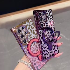 Plated Leopard Print Glitter Magnetic For Magsafe Phone Case for Samsung Galaxy S26 Ultra S26 Plus S25 S24Ultra Shockproof Cover