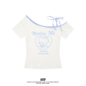 Cute Kitty Bowtie Strap Short Sleeve Slim Fit T-Shirt Womens Summer Top Creative Print Cotton Blend Regular Fit Short Length