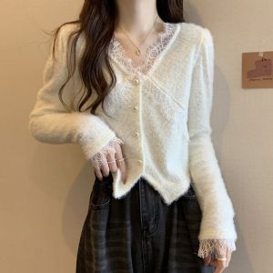 IELGY Korean style milk fufu sweater cardigan womens slim lace v-neck short top