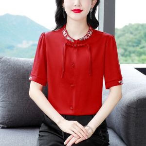 MAIMEI | Elegant Short Sleeve Embroidered Shirt Womens New Chinese Style National Trend Mom Anti-Aging Slimming Top Summer 2025