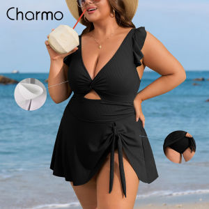 Charmo Ruffle Ribbed Plus Size Swimdress for Women One Piece Swimsuit Tummy Control Bathing Suit with Built-in Brief