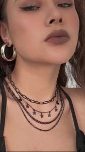 4Pcs/Set Goth Black Star Tassel Pendant Choker Necklace for Women Vintage Adjustable Metal Chain Y2K Jewelry Accessories Gift
