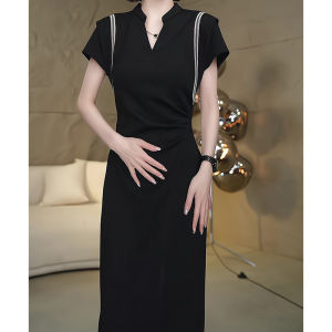 Spring Fashion French Elegance Slimming High Waist Slit Black Long Dress
