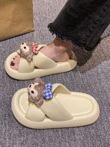 Thick Heel Cross Slip-On Slippers Women Summer Outdoor Wear Cartoon Cute Home Indoor Single Strap Slippers Casual Roman Style