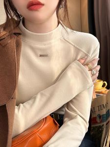 เสื้อยืดคอกลมแขนยาวผู้หญิงฤดูใบไม้ร่วง/ฤดูหนาว เสื้อชั้นในสองด้าน ผ้าเดอร์โมนิค ทรงเข้ารูป ปกติ แขนยาว เสื้อผ้าทำงานสไตล์เกาหลี