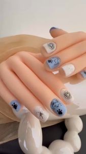 100% HANDMADE Artificial Nails Short trapezoidal Cute cat love nail art sky blue cat claw nails Phototpy Fake Nail Press on Nail Reusable And Removable With Free Glue