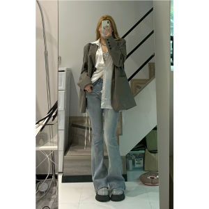 กางเกงยีนส์ทรงขาบานเอวสูงทรงเข้ารูปสำหรับผู้หญิง กางเกงขายาวทรงขาบานยืดหยุ่นสไตล์ย้อนยุค กางเกงยีนส์ทรงขาบานสำหรับผู้หญิง