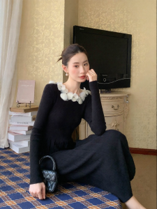 XXNING | Đầm Dài Knitted Ôm Body Voan Pháp Hand-made