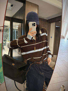YUANYA | Stripe Polo Neck Long Sleeve Loose Knit T-shirt
