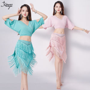 V-neckline Women Dance Clothes Salsa Samba Outfit Plus Size Top Spandex Latin Fringes Skirt 2 Pieces Set
