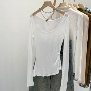 Low round Neck Long Sleeve T-Shirt Womens Spring Summer Lightweight Asymmetrical Pleated Silk Soft Casual Style Top