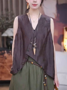QINGNAER | Áo Vest Không Tay Dáng Asymmetrical Cổ Xéo Nút V