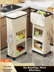 BANGJIAYI | Large Capacity Sliding Cover Movable Dual Layer Tall Kitchen Trash Bin