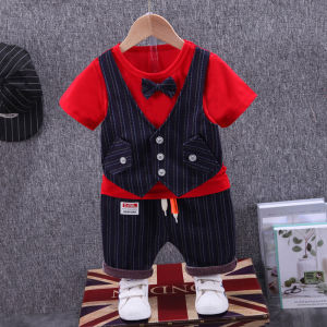 Summer Infant Boys Fashionable Short Sleeve Suit Set Birthday Outfit Cotton Blend Fabric Easy Care British Style Striped Design