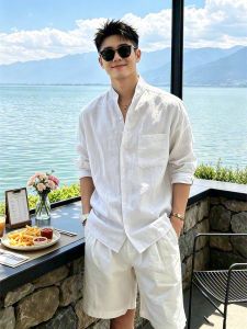 OUMULONG | Elegant and Refined Linen Shirt for Men Mature Long Sleeve