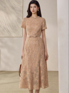 Roey s house | Elegant Beaded Round-Neck Waist-Cinching Bow-Tie Dress