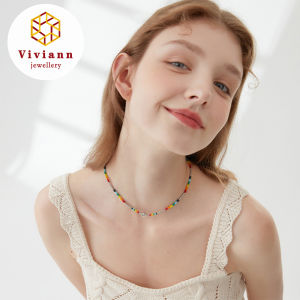 Viviann Original Design S925 Sterling Silver Rainbow Smiling Beaded Necklace Sweet Cool Girl Collar Chain Jewelry Retro Ins Simple Temperament Clavicle Chain Female Pendant Necklace Girl Gift
