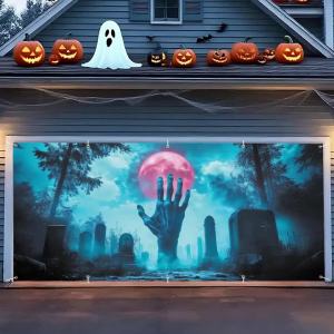 Halloween Garage Door Banner Zombie Hand Blood Moon Cemetery Backdrop Creepy Outdoor Fence Decor Horror Night Party Background