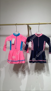 Rush Guard Swimsuit for Kids Girl Pink Blue Long Sleeve One-Piece Zipper Swimwear Swimming Dress