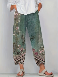 High Waist Printed Loose Pants for Women Straight Leg Casual Trousers Street Style Polyester Fiber Wide Leg Long Pants