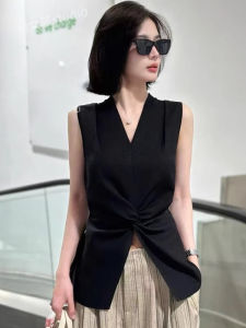 BINKAFENNY | Slimming Large Size Womens Black Knot V-neck Strapless Vest Summer Outerwear Waist-cinching Design Sensation Top