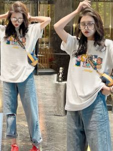 White Short Sleeve T-Shirt Womens Loose Mid-Length Spring Autumn Inner Wear Base Shirt Top Fashionable Printed Korean Style Commute Classic Cotton Summer