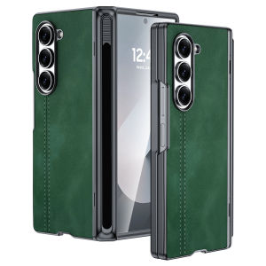 Luxury Leather Shockproof Cover for Galaxy Z Fold 6 with S Pen HolderBuilt-in 9H Screen Protector & Hinge Protection-Gery