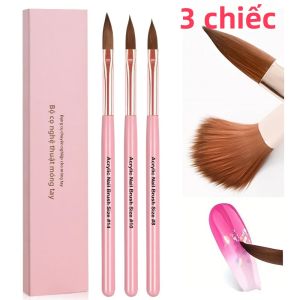 Bộ 3 Cọ Vẽ Móng Acrylic Màu Hồng 8/10/14mm Cán Gỗ Bút Pha Lê Dùng Cho Bột Acrylic Nối Móng & Chạm Khắc Dụng Cụ Làm Móng Chuyên Nghiệp