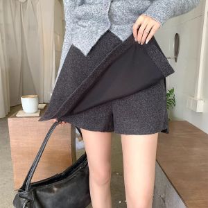 Gray Tweed Half-skirt Autumn Winter European Style High-waisted Slit Skirt